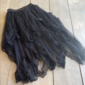 Black Asymmetrical Ruffled Lace Overlay Midi Skirt